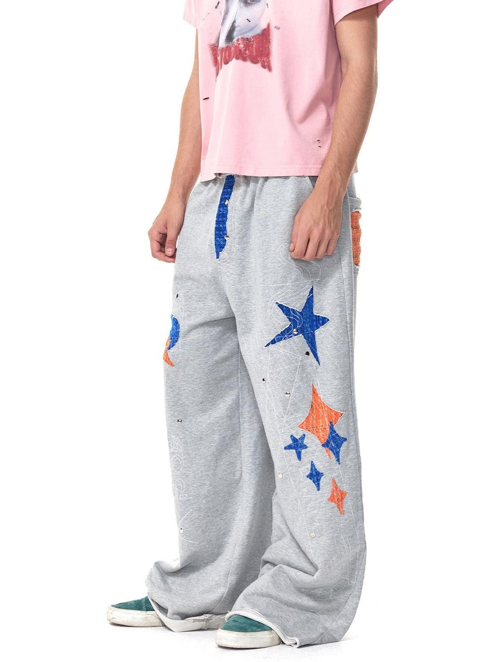 HAS2SONS Gray Star Patch Distressed Applique Embroidery Studded Baggy Women's Sweatpants