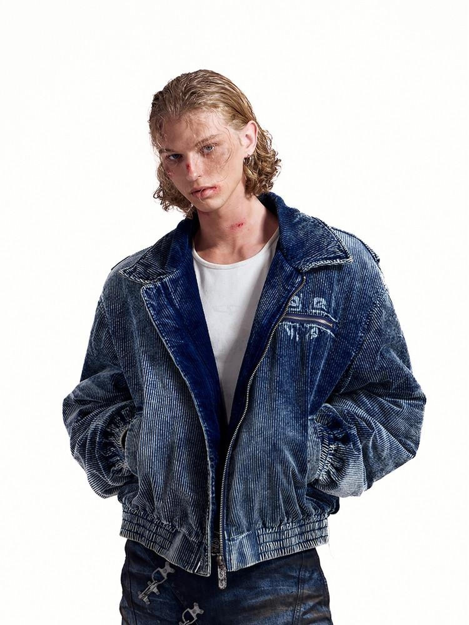 HAS2SONS Indigo Washed Corduroy Rivet Bomber Women's Cotton Denim Jackets
