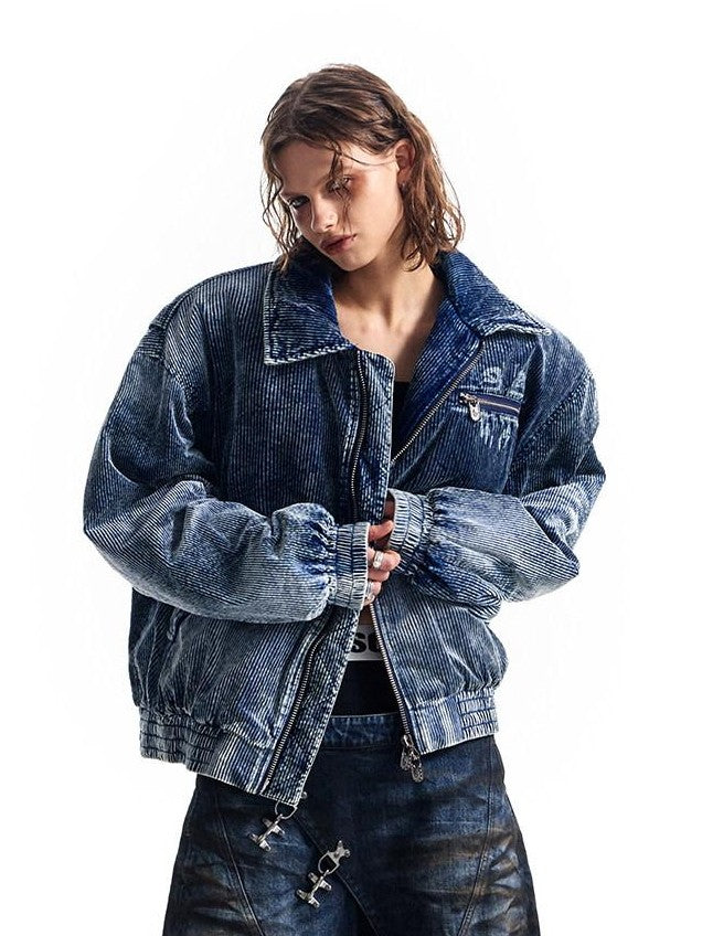 HAS2SONS Indigo Washed Corduroy Rivet Bomber Women's Cotton Denim Jackets