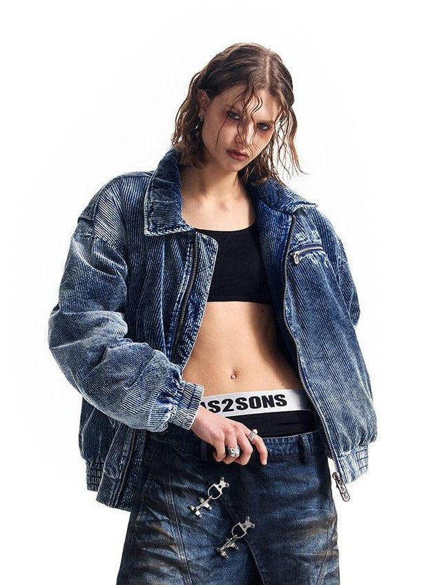 HAS2SONS Indigo Washed Corduroy Rivet Bomber Women's Cotton Denim Jackets