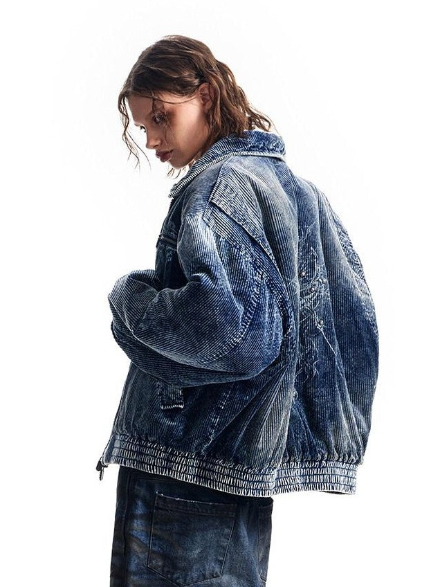 HAS2SONS Indigo Washed Corduroy Rivet Bomber Women's Cotton Denim Jackets