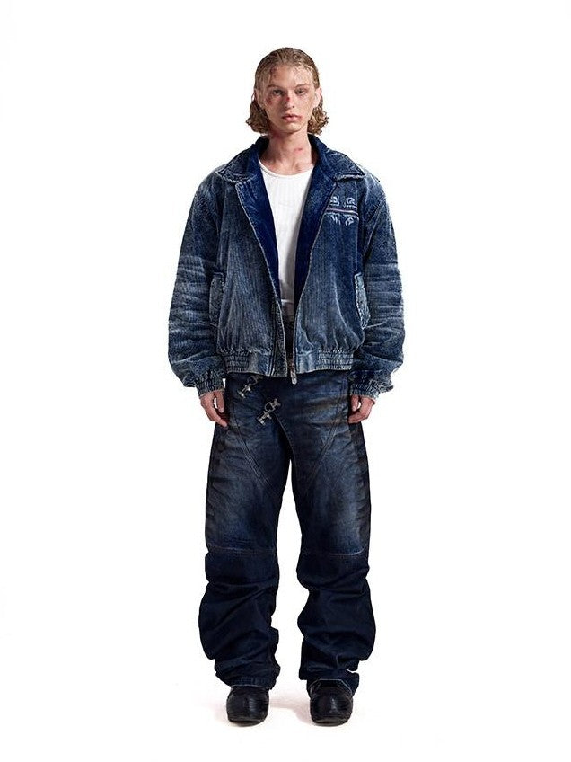 HAS2SONS Indigo Washed Corduroy Rivet Bomber Women's Cotton Denim Jackets