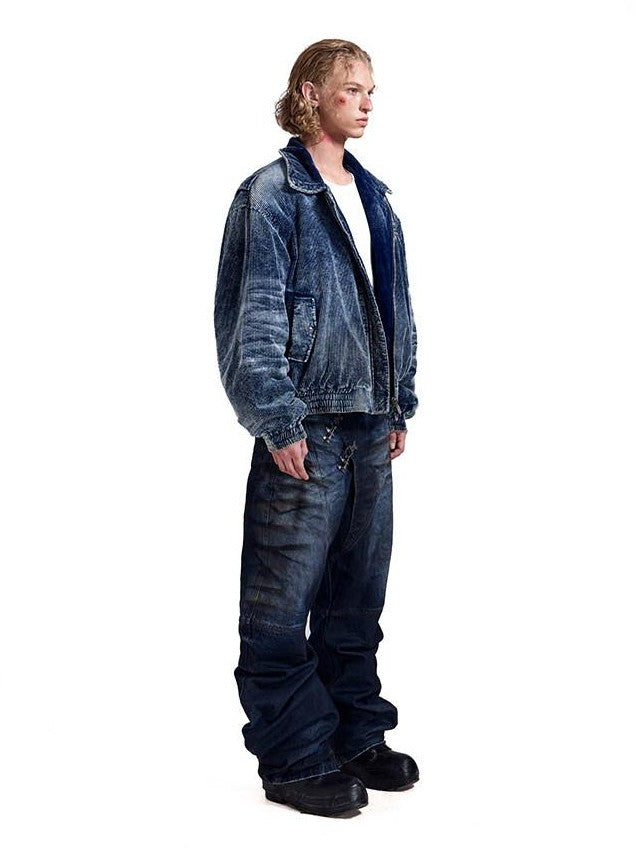 HAS2SONS Indigo Washed Corduroy Rivet Bomber Women's Cotton Denim Jackets