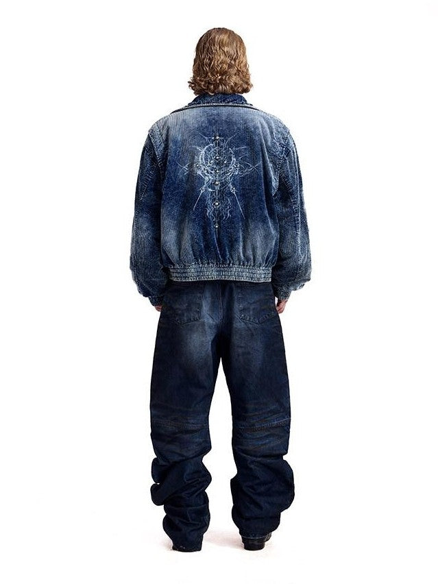 HAS2SONS Indigo Washed Corduroy Rivet Bomber Women's Cotton Denim Jackets