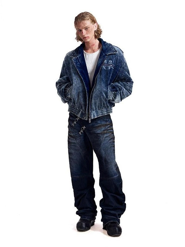 HAS2SONS Indigo Washed Corduroy Rivet Bomber Women's Cotton Denim Jackets
