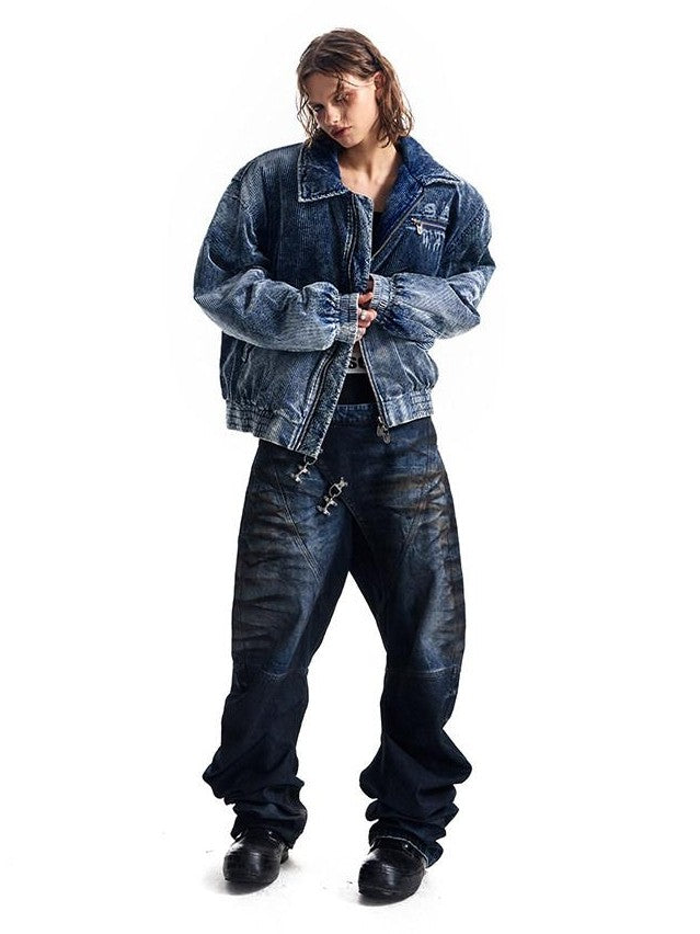 HAS2SONS Indigo Washed Corduroy Rivet Bomber Women's Cotton Denim Jackets