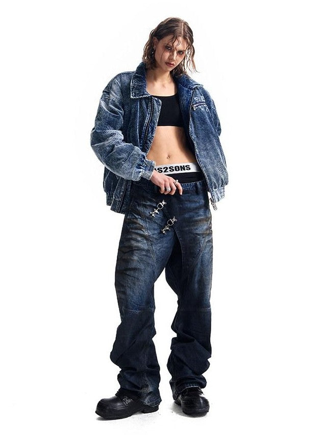 HAS2SONS Indigo Washed Corduroy Rivet Bomber Women's Cotton Denim Jackets