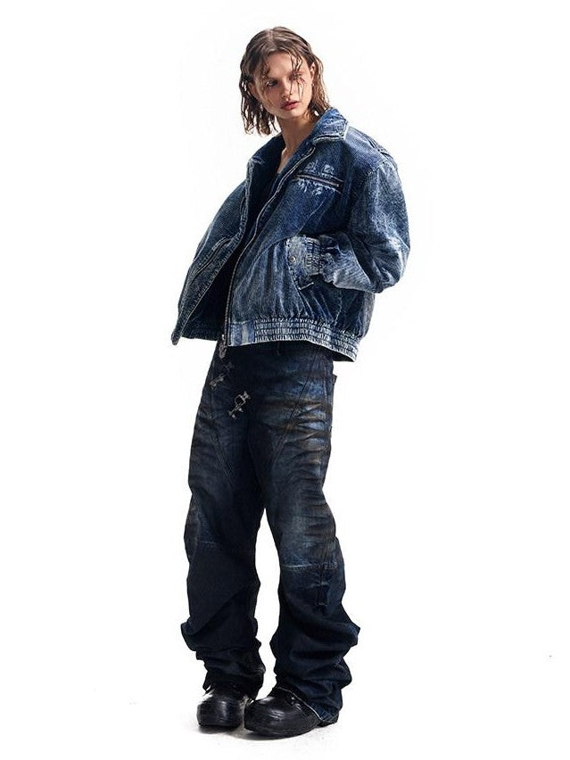 HAS2SONS Indigo Washed Corduroy Rivet Bomber Women's Cotton Denim Jackets