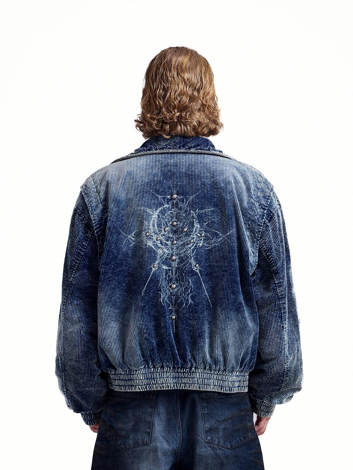 HAS2SONS Indigo Washed Corduroy Rivet Bomber Women's Cotton Denim Jackets