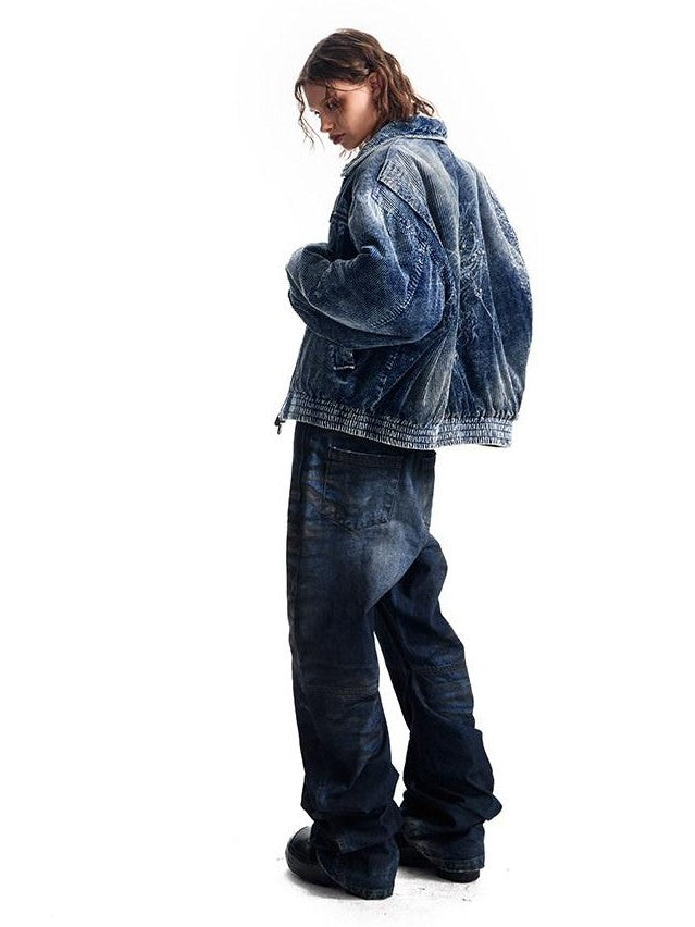 HAS2SONS Indigo Washed Corduroy Rivet Bomber Women's Cotton Denim Jackets