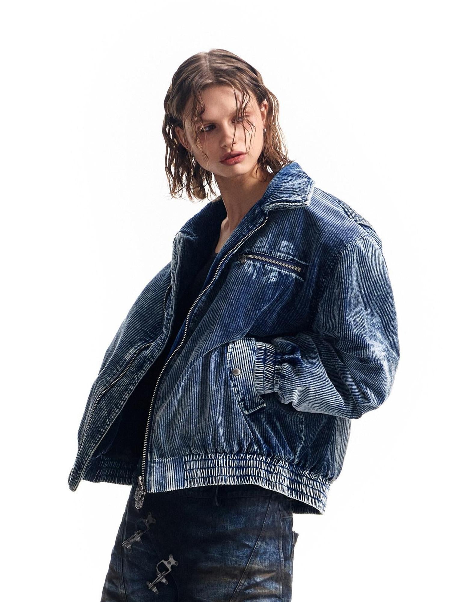 HAS2SONS Indigo Washed Corduroy Rivet Bomber Women's Cotton Denim Jackets