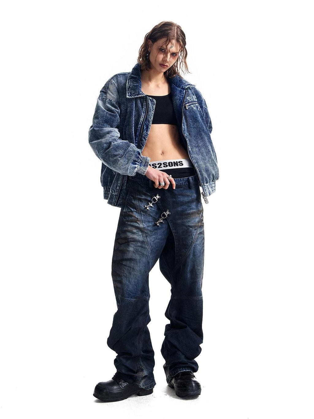 HAS2SONS Indigo Washed Corduroy Rivet Bomber Women's Cotton Denim Jackets