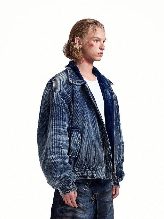 HAS2SONS Indigo Washed Corduroy Rivet Bomber Women's Cotton Denim Jackets