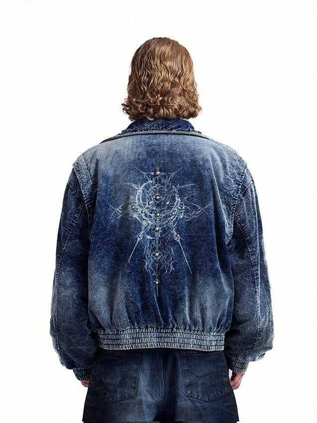 HAS2SONS Indigo Washed Corduroy Rivet Bomber Women's Cotton Denim Jackets