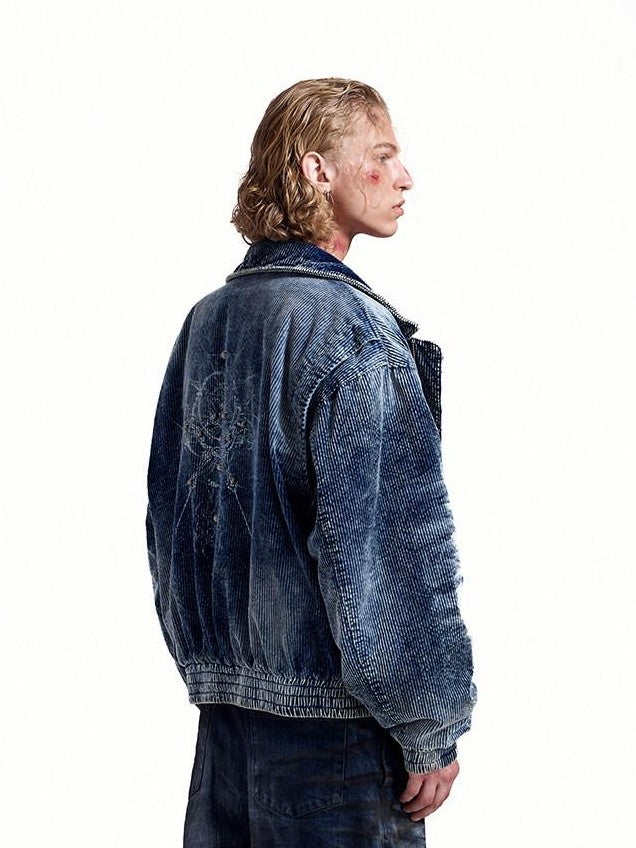 HAS2SONS Indigo Washed Corduroy Rivet Bomber Women's Cotton Denim Jackets