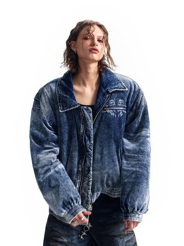 HAS2SONS Indigo Washed Corduroy Rivet Bomber Women's Cotton Denim Jackets