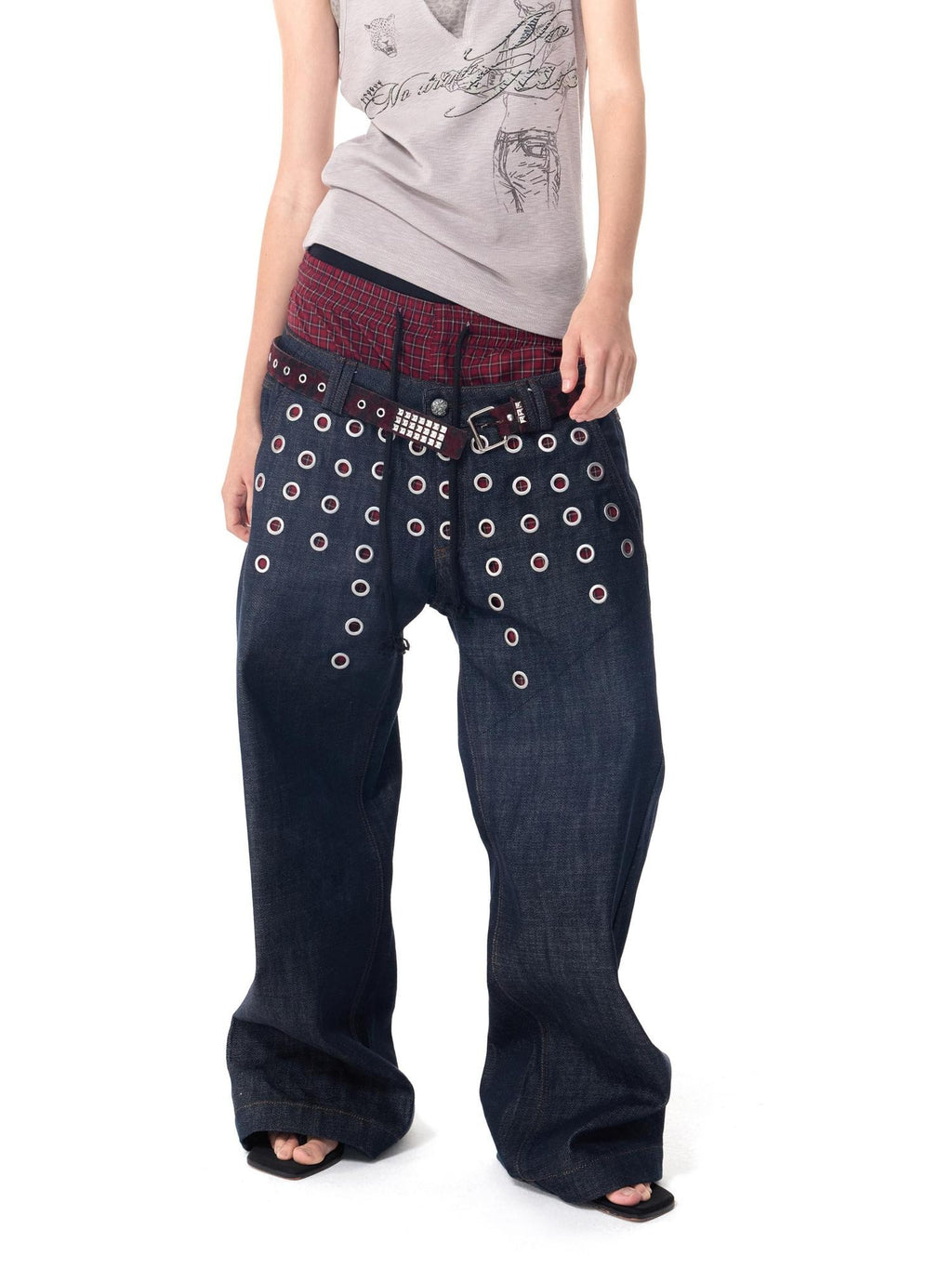 HAS2SONS Laser Polka Dot Grommet Double Waist Faux Two Piece Women's Raw Selvedge Jeans
