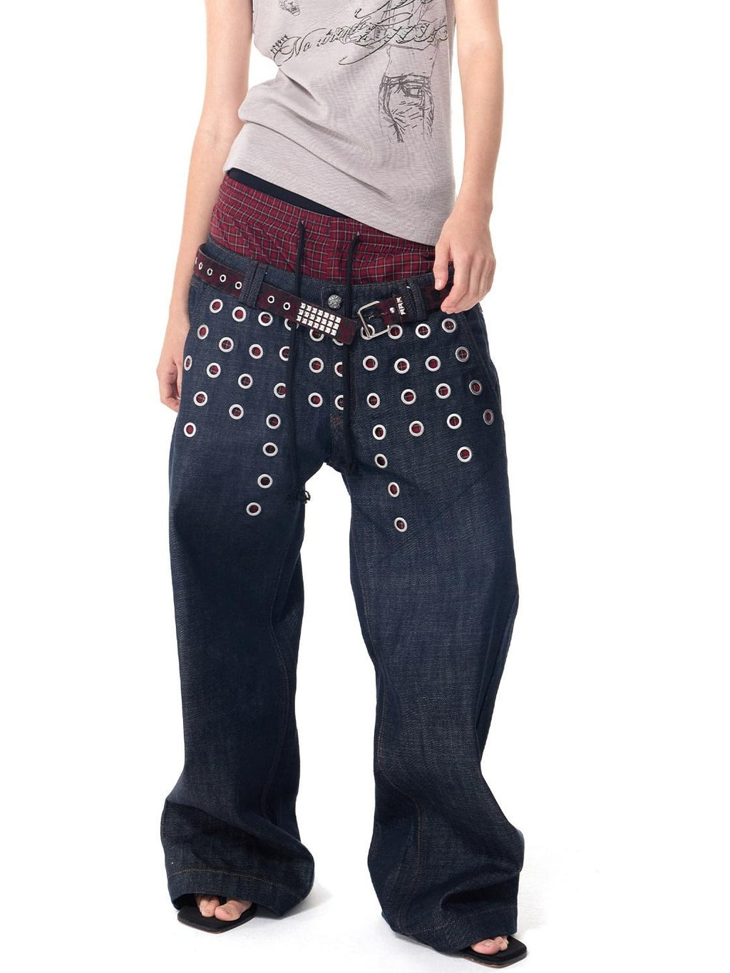 HAS2SONS Laser Polka Dot Grommet Double Waist Faux Two Piece Women's Raw Selvedge Jeans