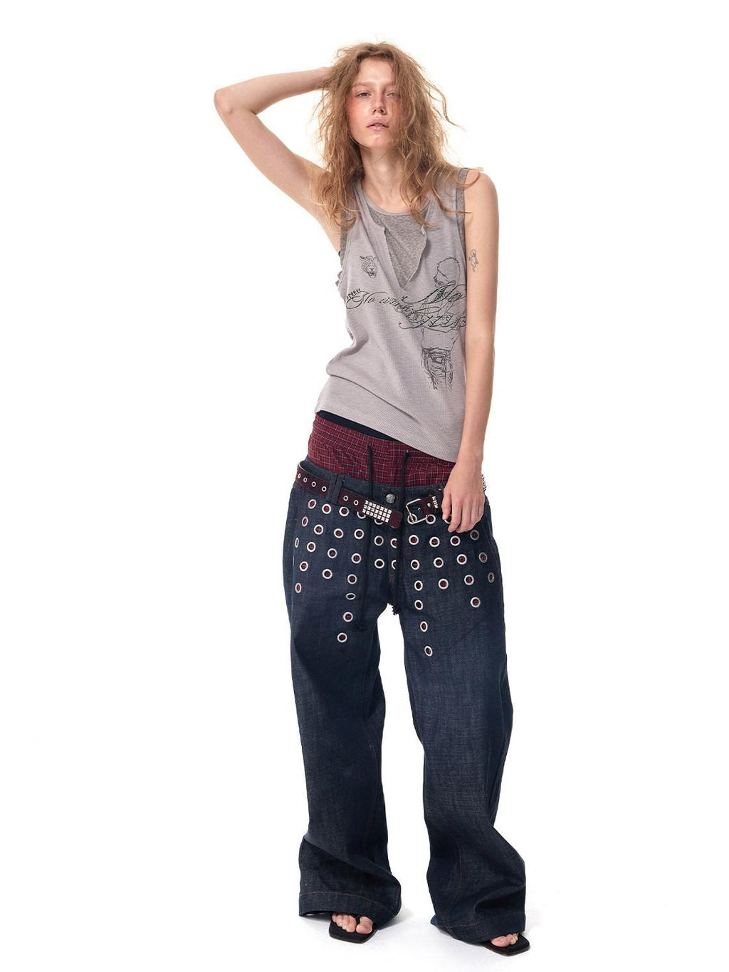 HAS2SONS Laser Polka Dot Grommet Double Waist Faux Two Piece Women's Raw Selvedge Jeans