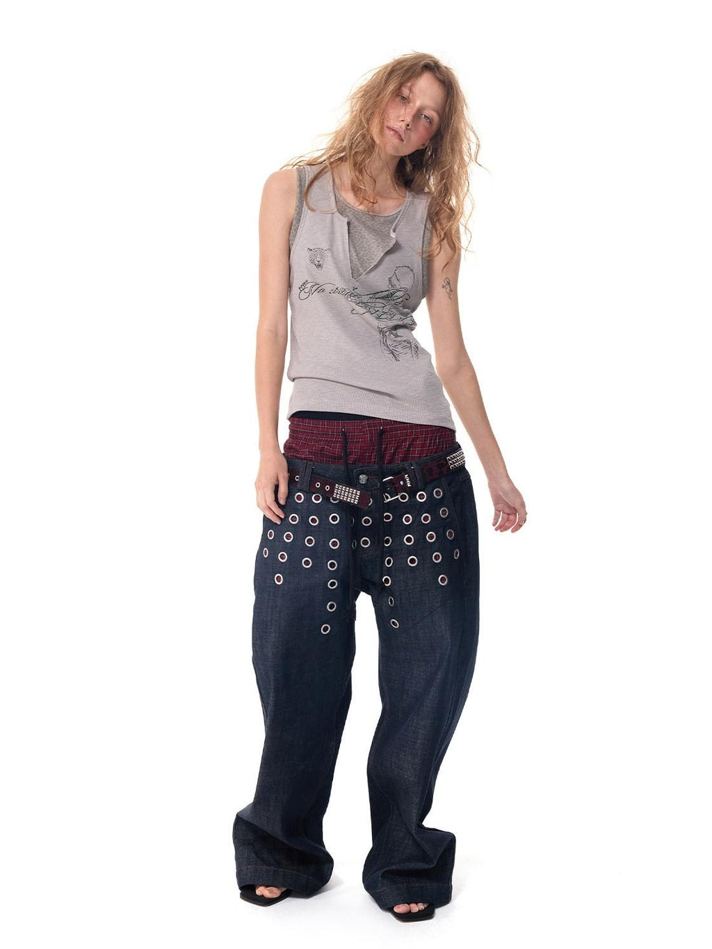 HAS2SONS Laser Polka Dot Grommet Double Waist Faux Two Piece Women's Raw Selvedge Jeans