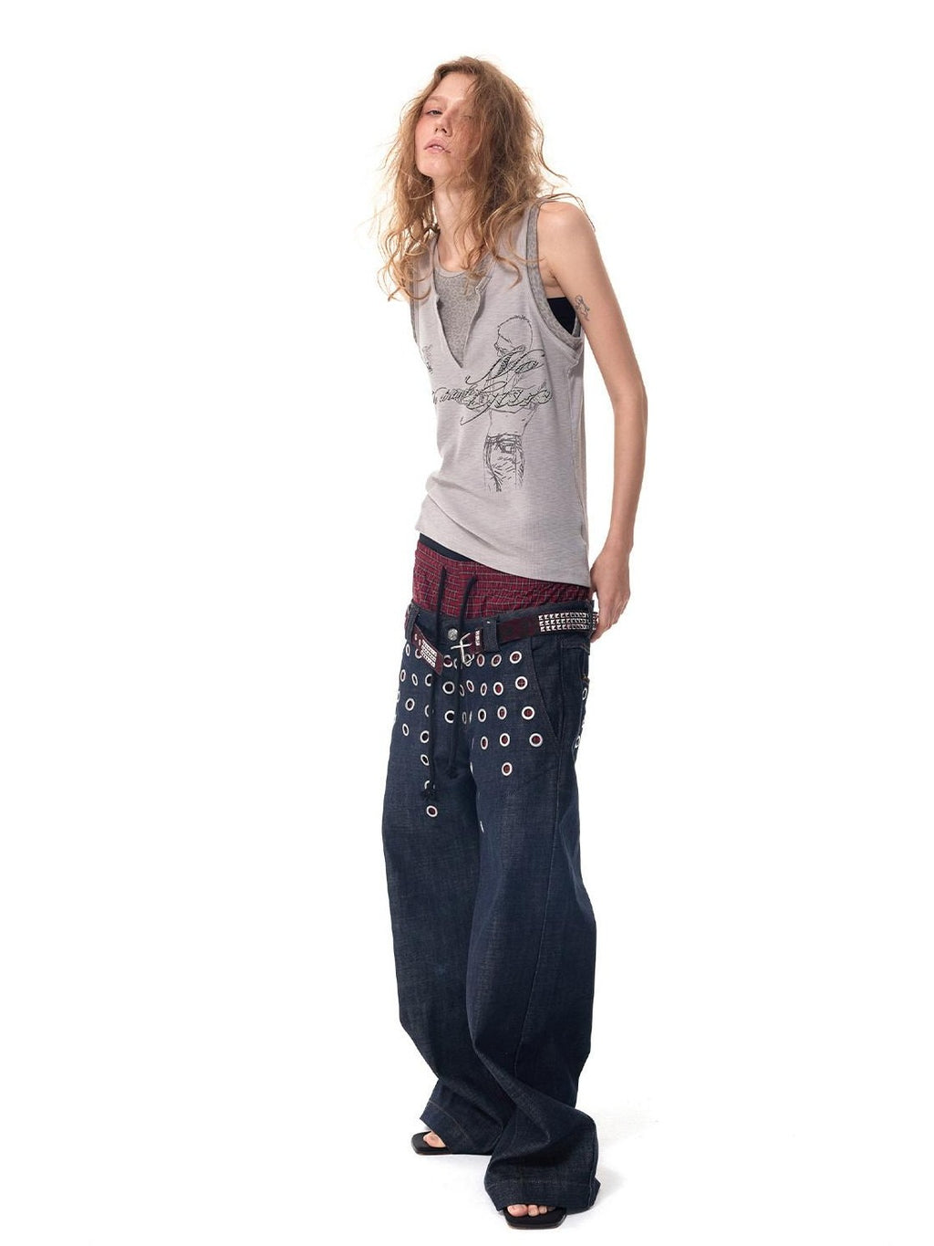 HAS2SONS Laser Polka Dot Grommet Double Waist Faux Two Piece Women's Raw Selvedge Jeans