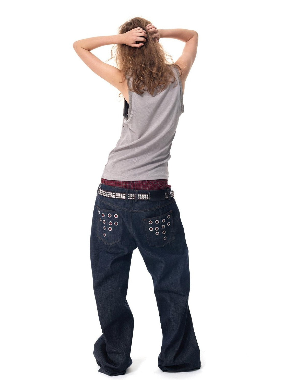 HAS2SONS Laser Polka Dot Grommet Double Waist Faux Two Piece Women's Raw Selvedge Jeans