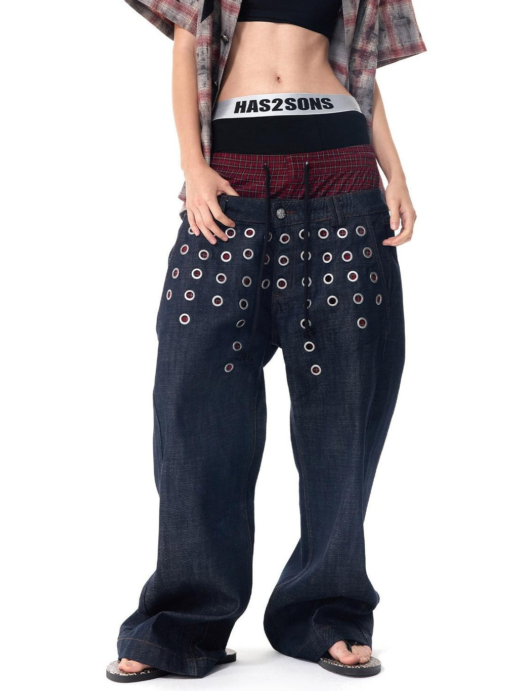 HAS2SONS Laser Polka Dot Grommet Double Waist Faux Two Piece Women's Raw Selvedge Jeans