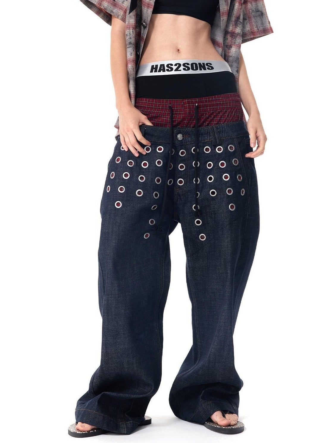 HAS2SONS Laser Polka Dot Grommet Double Waist Faux Two Piece Women's Raw Selvedge Jeans