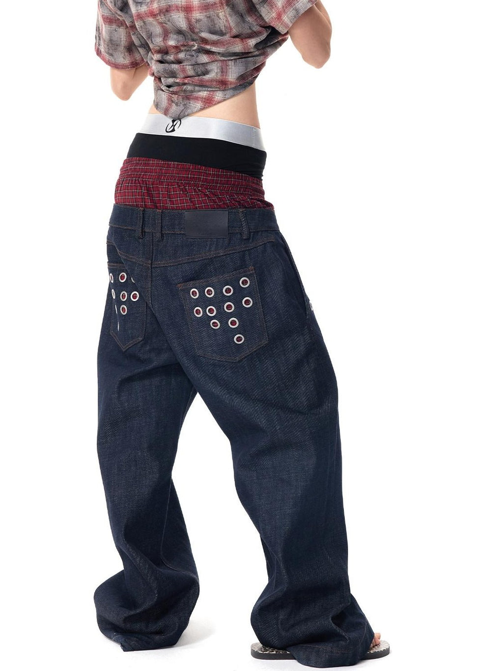 HAS2SONS Laser Polka Dot Grommet Double Waist Faux Two Piece Women's Raw Selvedge Jeans