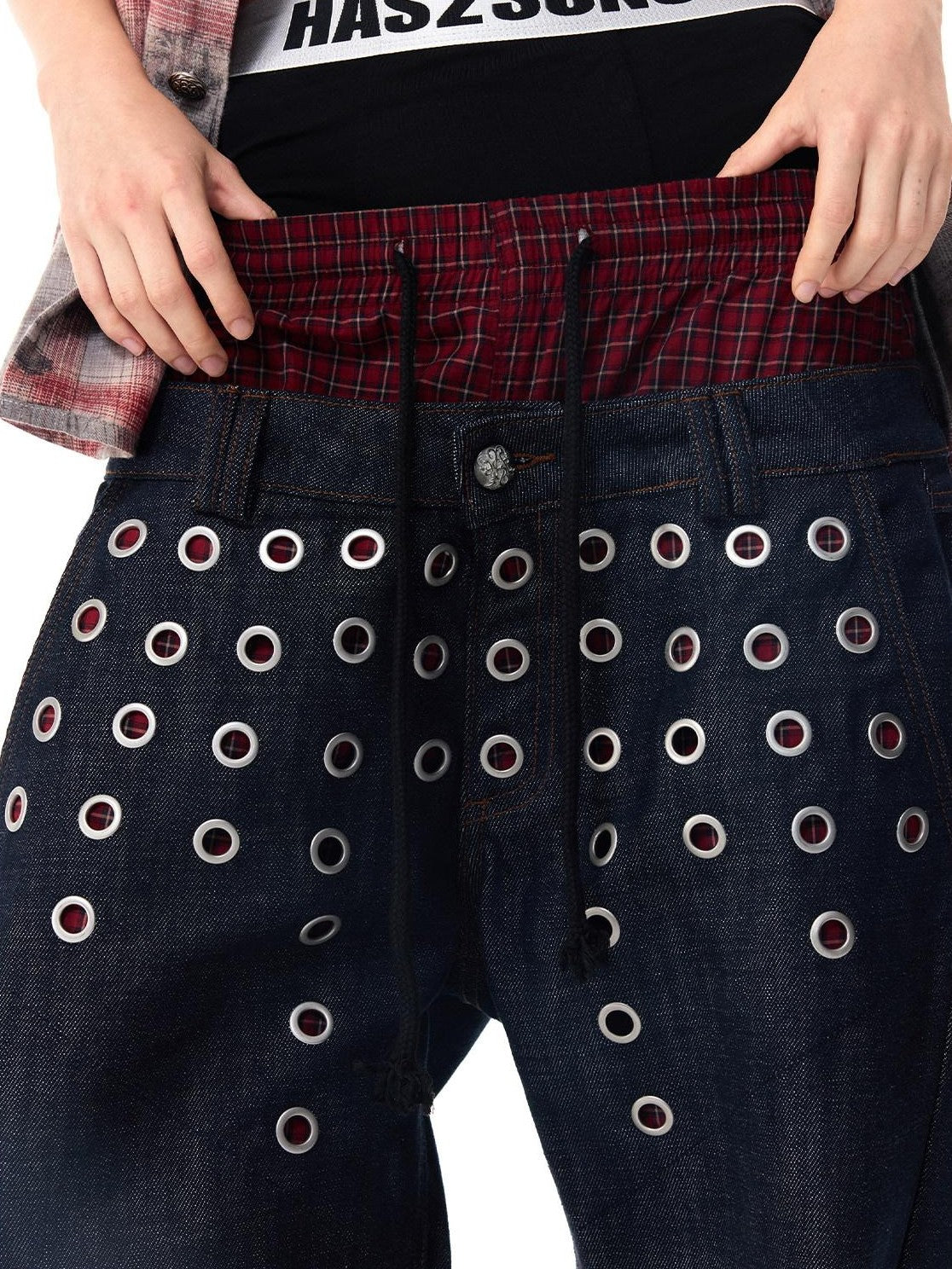 HAS2SONS Laser Polka Dot Grommet Double Waist Faux Two Piece Women's Raw Selvedge Jeans