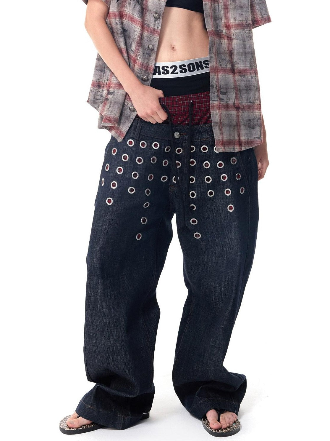 HAS2SONS Laser Polka Dot Grommet Double Waist Faux Two Piece Women's Raw Selvedge Jeans