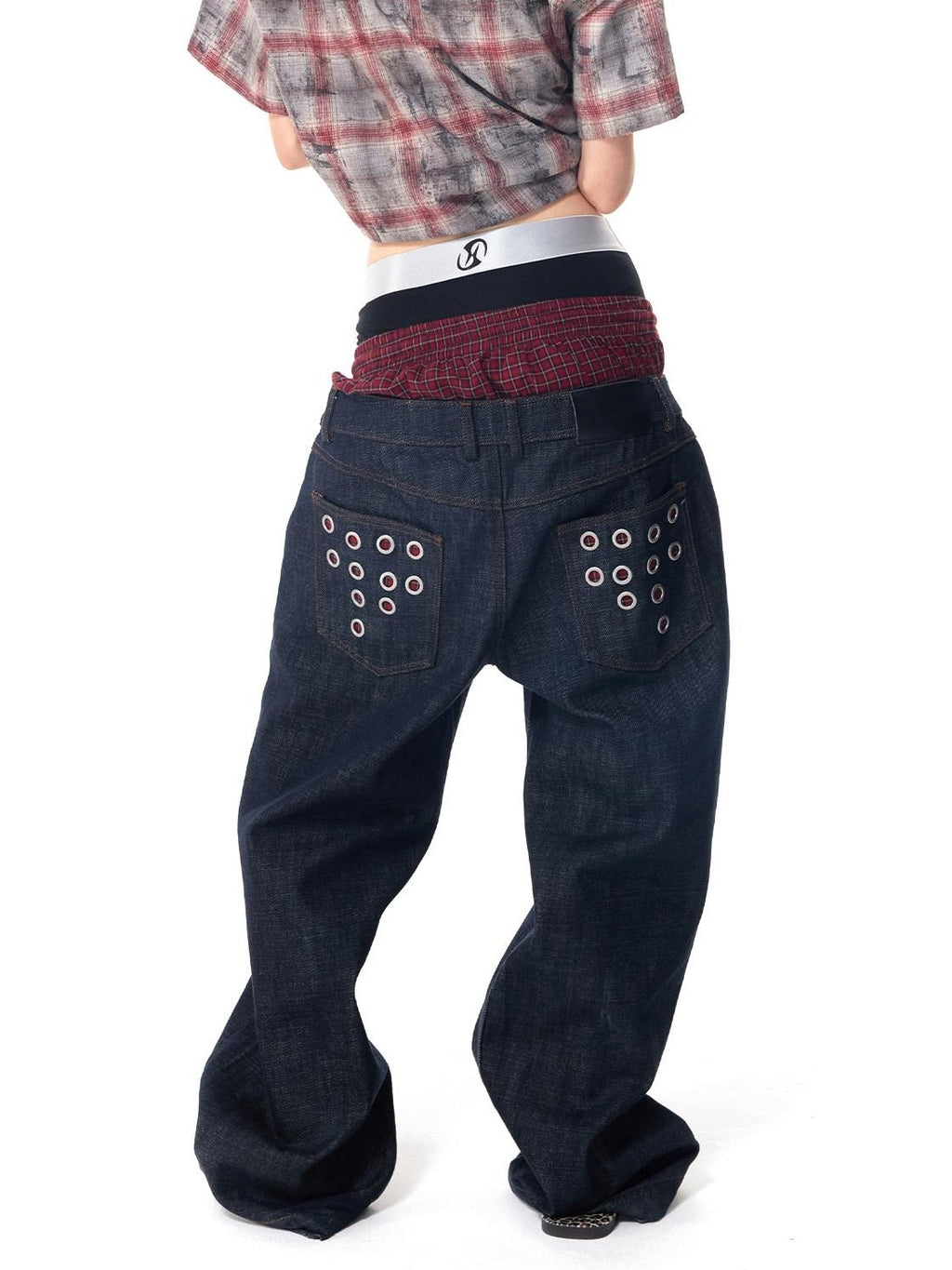 HAS2SONS Laser Polka Dot Grommet Double Waist Faux Two Piece Women's Raw Selvedge Jeans
