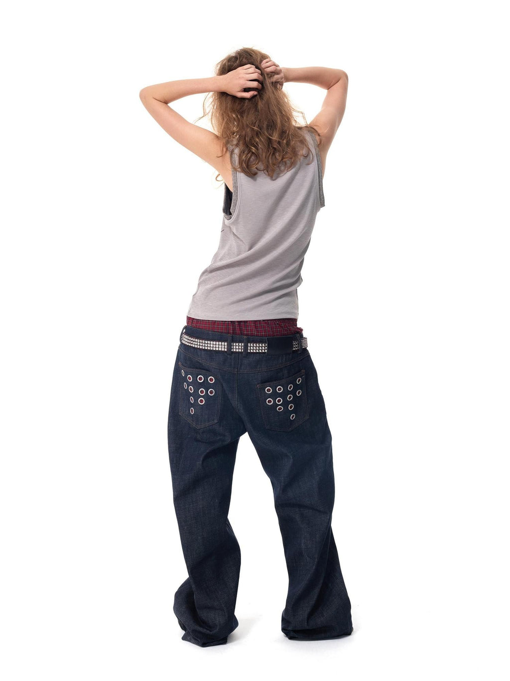 HAS2SONS Laser Polka Dot Grommet Double Waist Faux Two Piece Women's Raw Selvedge Jeans