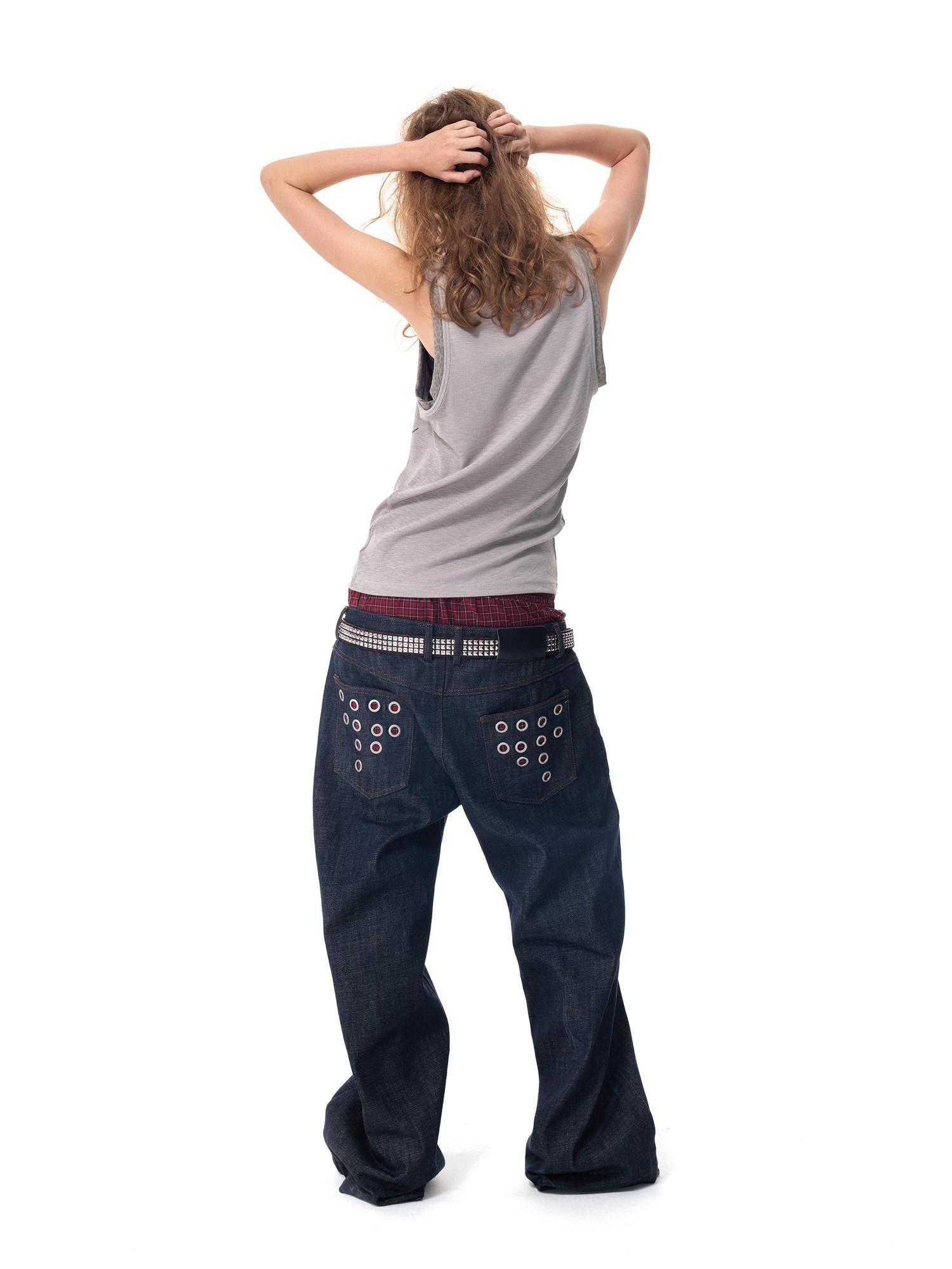 HAS2SONS Laser Polka Dot Grommet Double Waist Faux Two Piece Women's Raw Selvedge Jeans