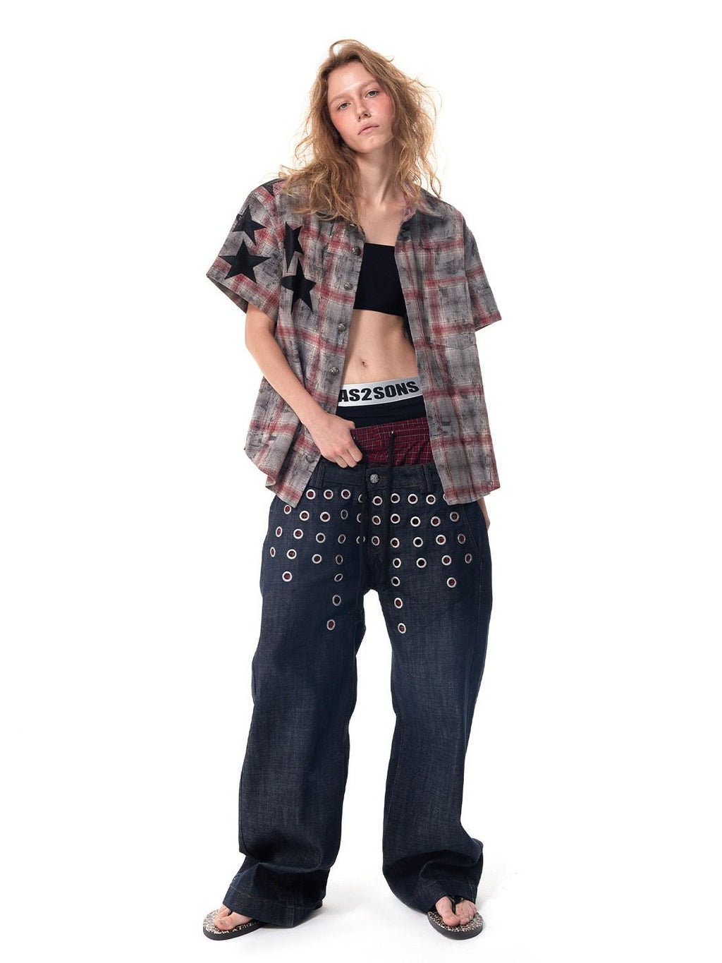 HAS2SONS Laser Polka Dot Grommet Double Waist Faux Two Piece Women's Raw Selvedge Jeans