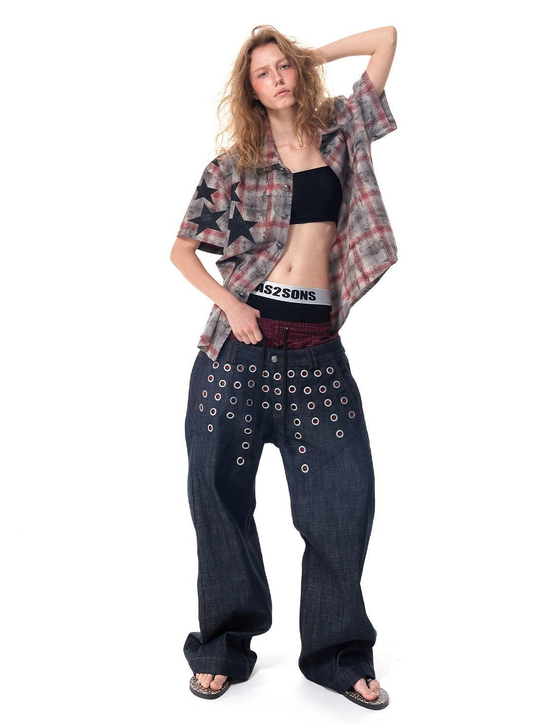 HAS2SONS Laser Polka Dot Grommet Double Waist Faux Two Piece Women's Raw Selvedge Jeans