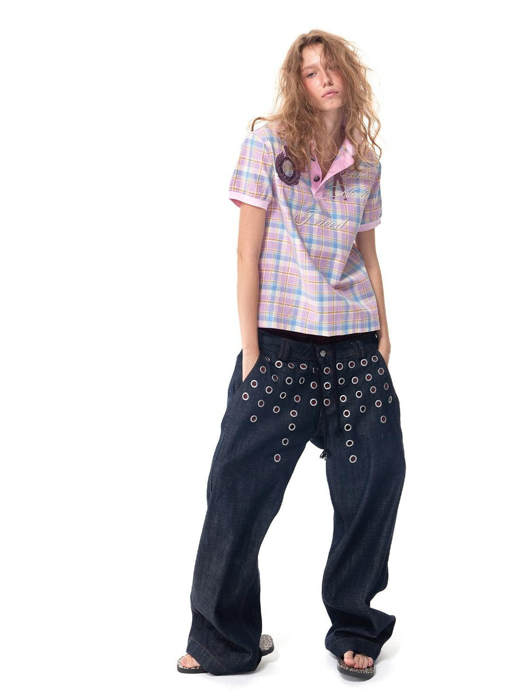 HAS2SONS Laser Polka Dot Grommet Double Waist Faux Two Piece Women's Raw Selvedge Jeans