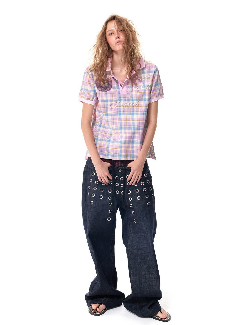 HAS2SONS Laser Polka Dot Grommet Double Waist Faux Two Piece Women's Raw Selvedge Jeans