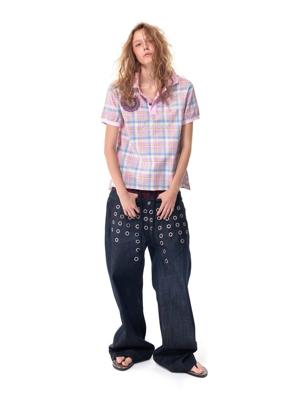 HAS2SONS Laser Polka Dot Grommet Double Waist Faux Two Piece Women's Raw Selvedge Jeans