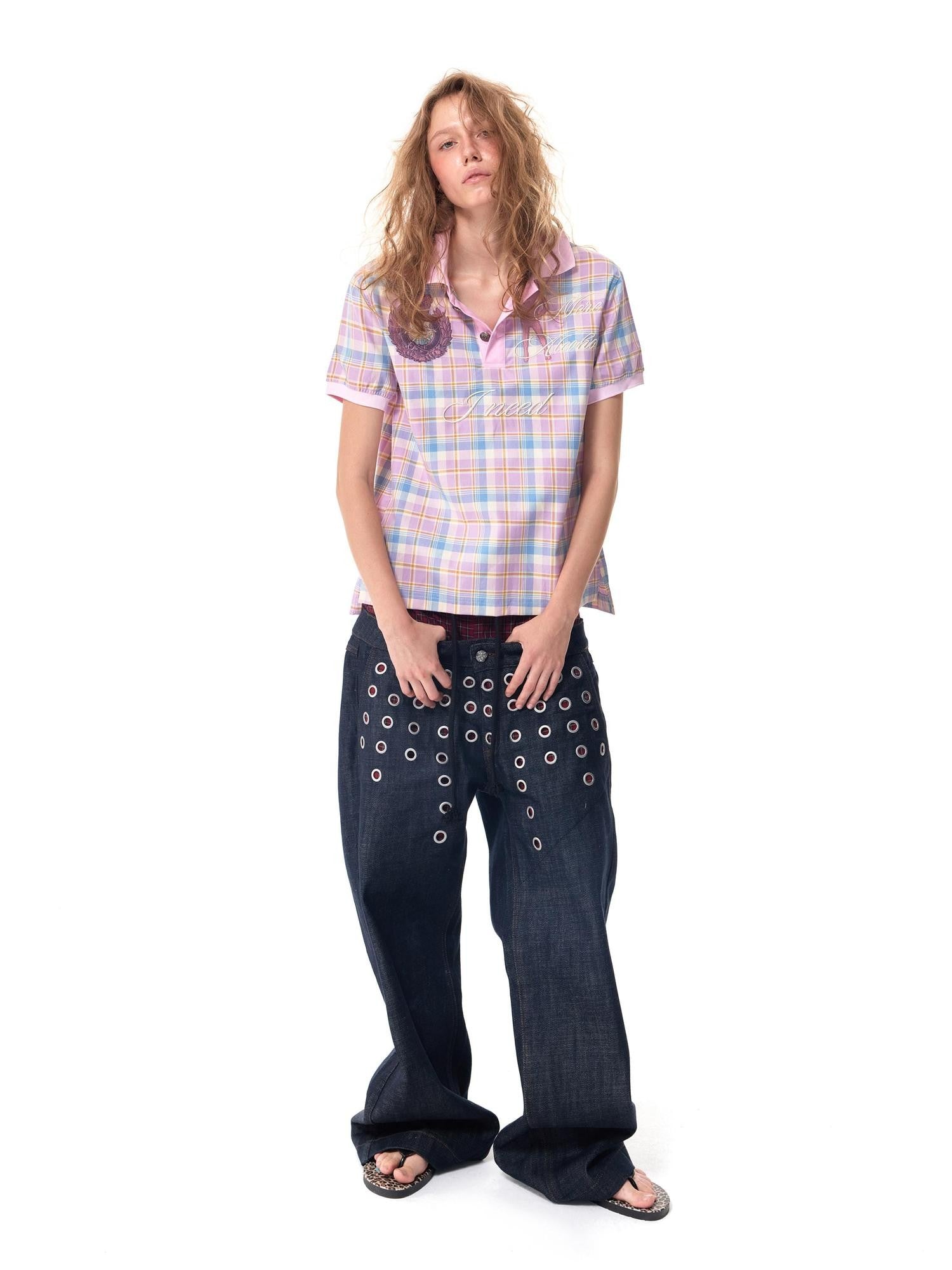 HAS2SONS Laser Polka Dot Grommet Double Waist Faux Two Piece Women's Raw Selvedge Jeans
