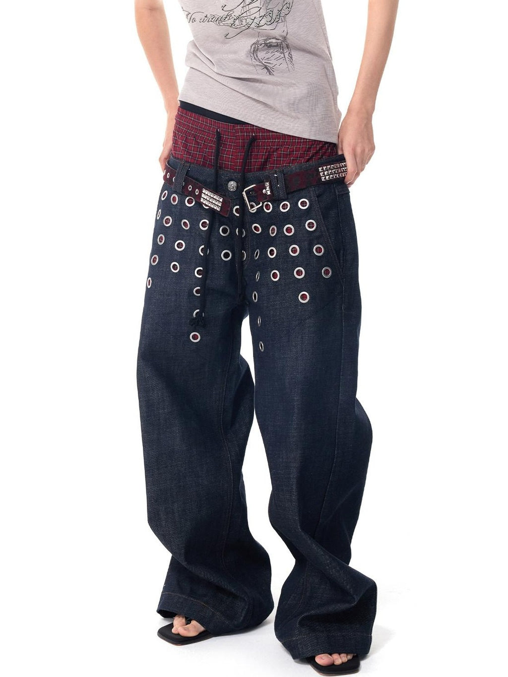 HAS2SONS Laser Polka Dot Grommet Double Waist Faux Two Piece Women's Raw Selvedge Jeans