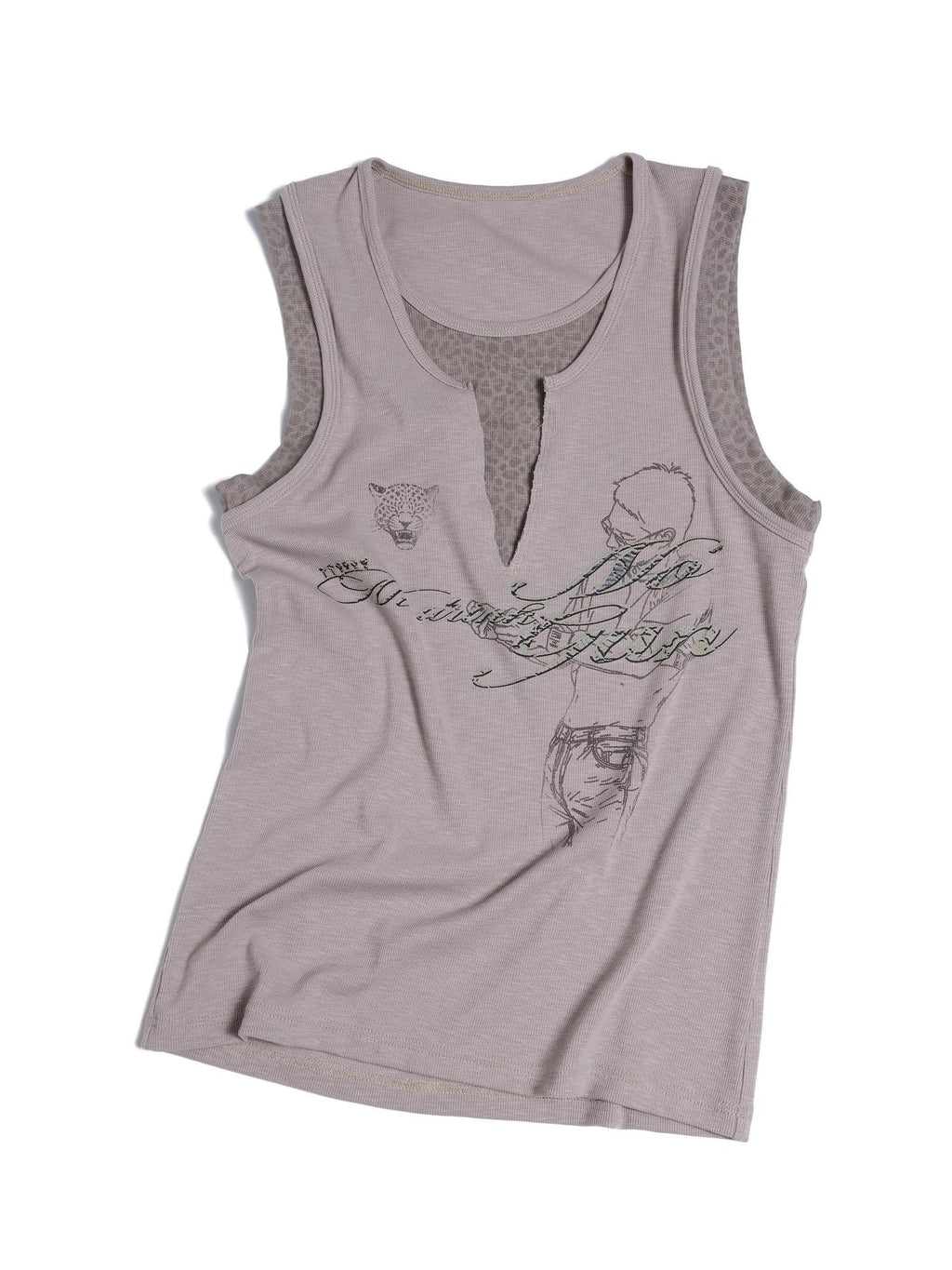 HAS2SONS Leopard Splice Letter Print Faux Two Piece Women's Cotton Blend Basic Tank Tops