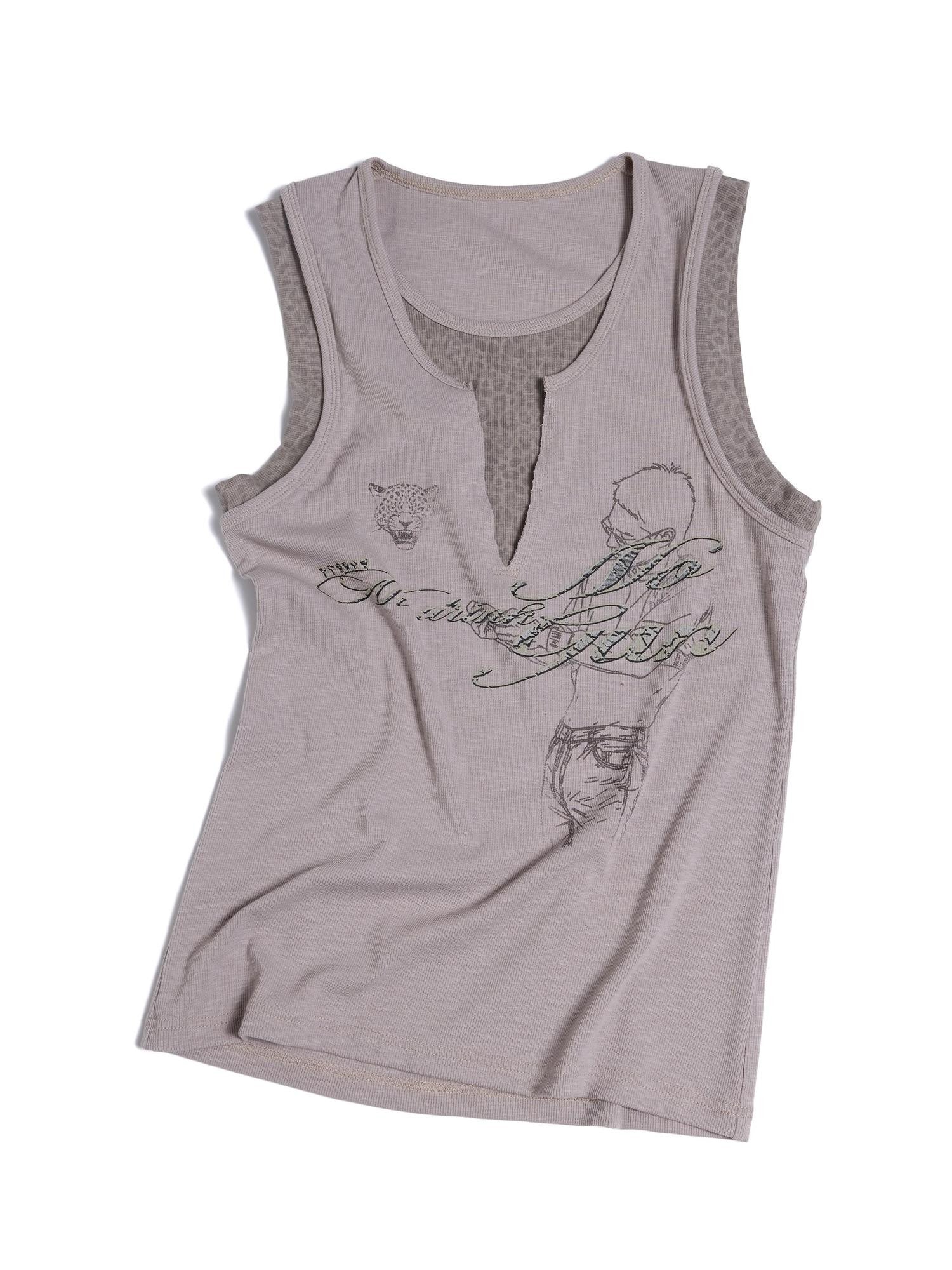 HAS2SONS Leopard Splice Letter Print Faux Two Piece Women's Cotton Blend Basic Tank Tops