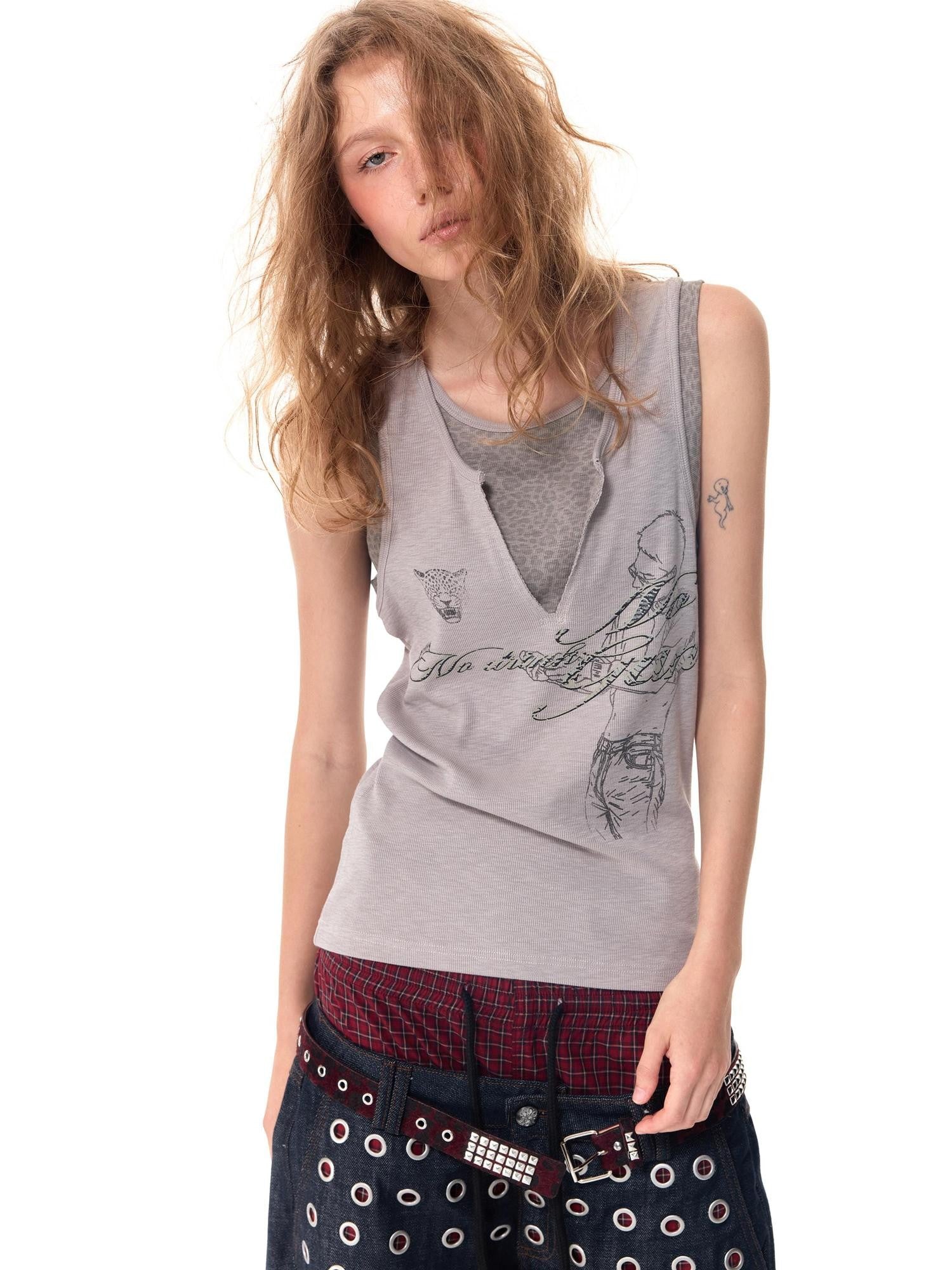 HAS2SONS Leopard Splice Letter Print Faux Two Piece Women's Cotton Blend Basic Tank Tops