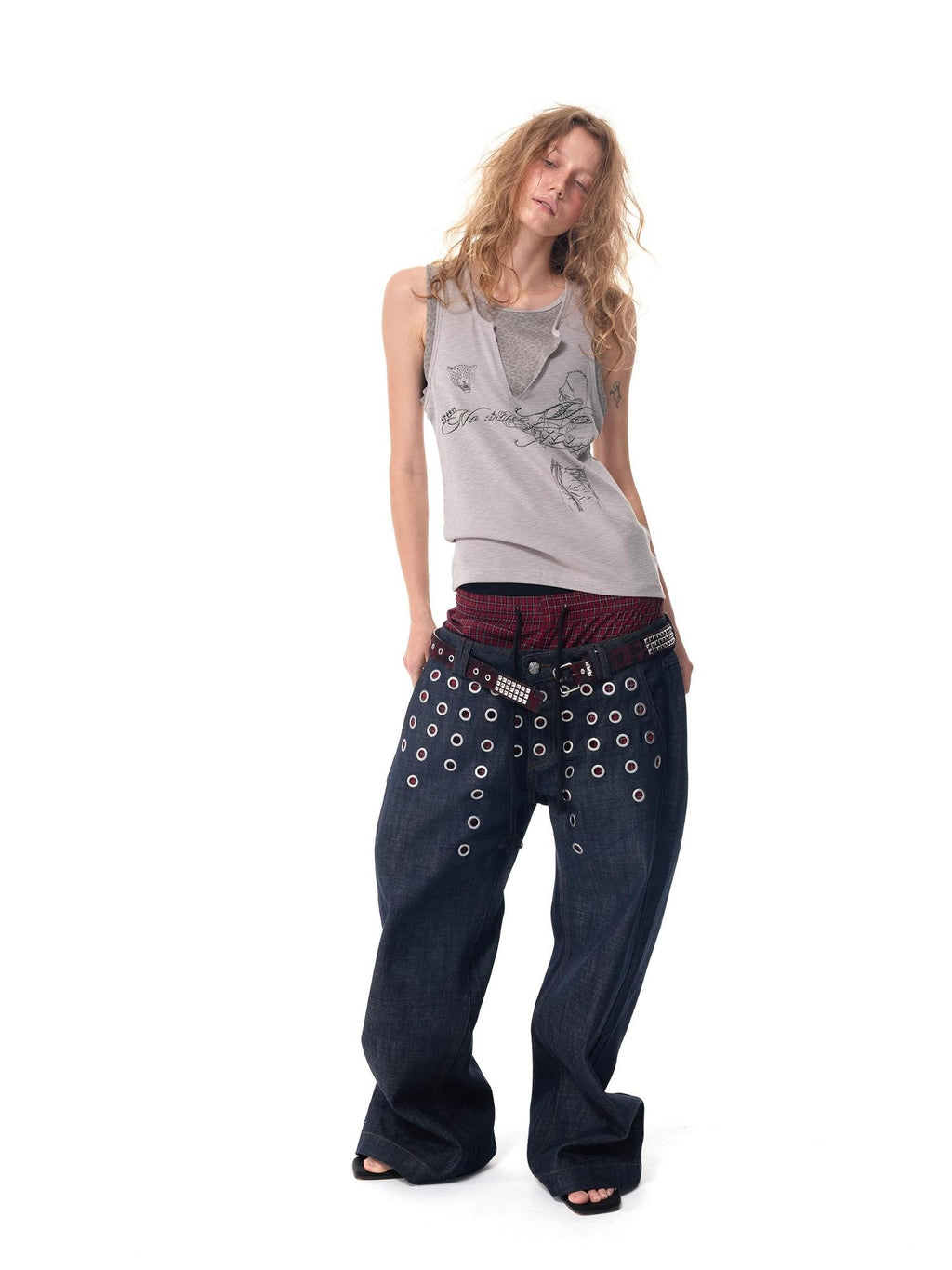 HAS2SONS Leopard Splice Letter Print Faux Two Piece Women's Cotton Blend Basic Tank Tops