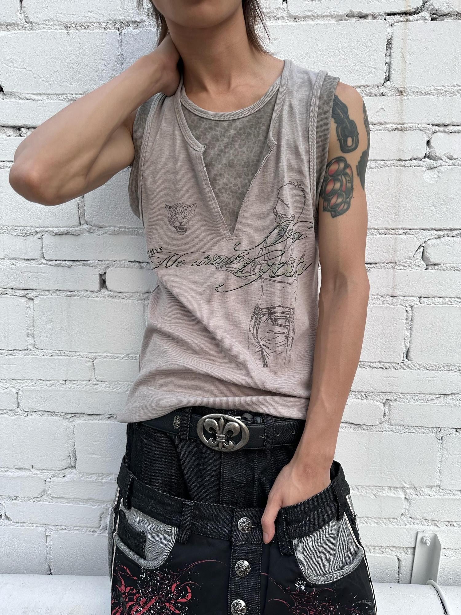 HAS2SONS Leopard Splice Letter Print Faux Two Piece Women's Cotton Blend Basic Tank Tops