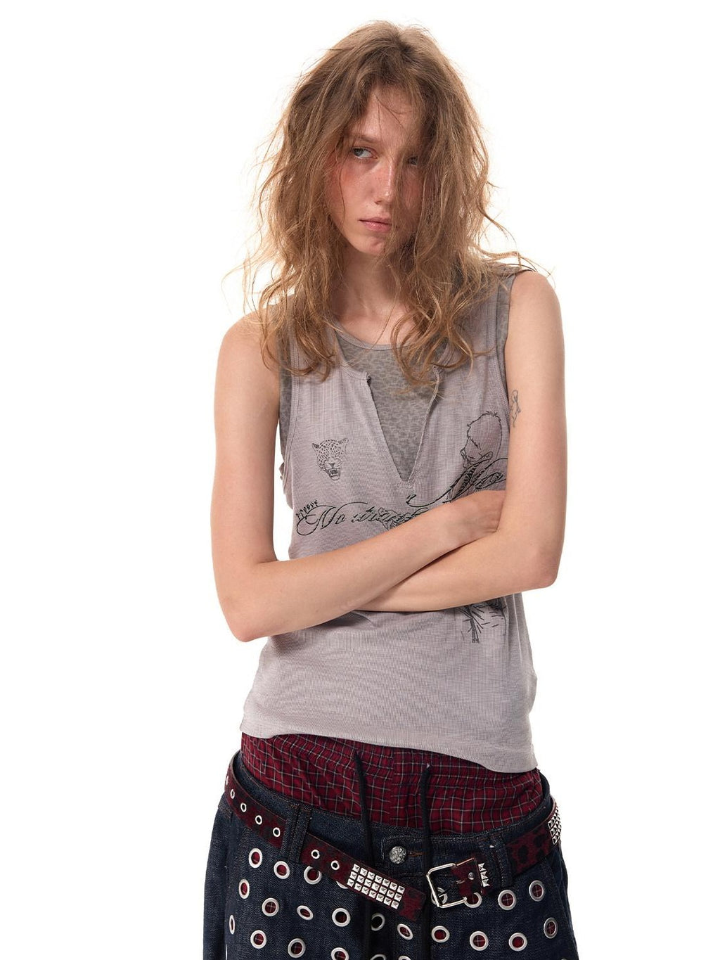HAS2SONS Leopard Splice Letter Print Faux Two Piece Women's Cotton Blend Basic Tank Tops