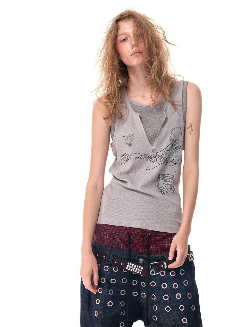 HAS2SONS Leopard Splice Letter Print Faux Two Piece Women's Cotton Blend Basic Tank Tops