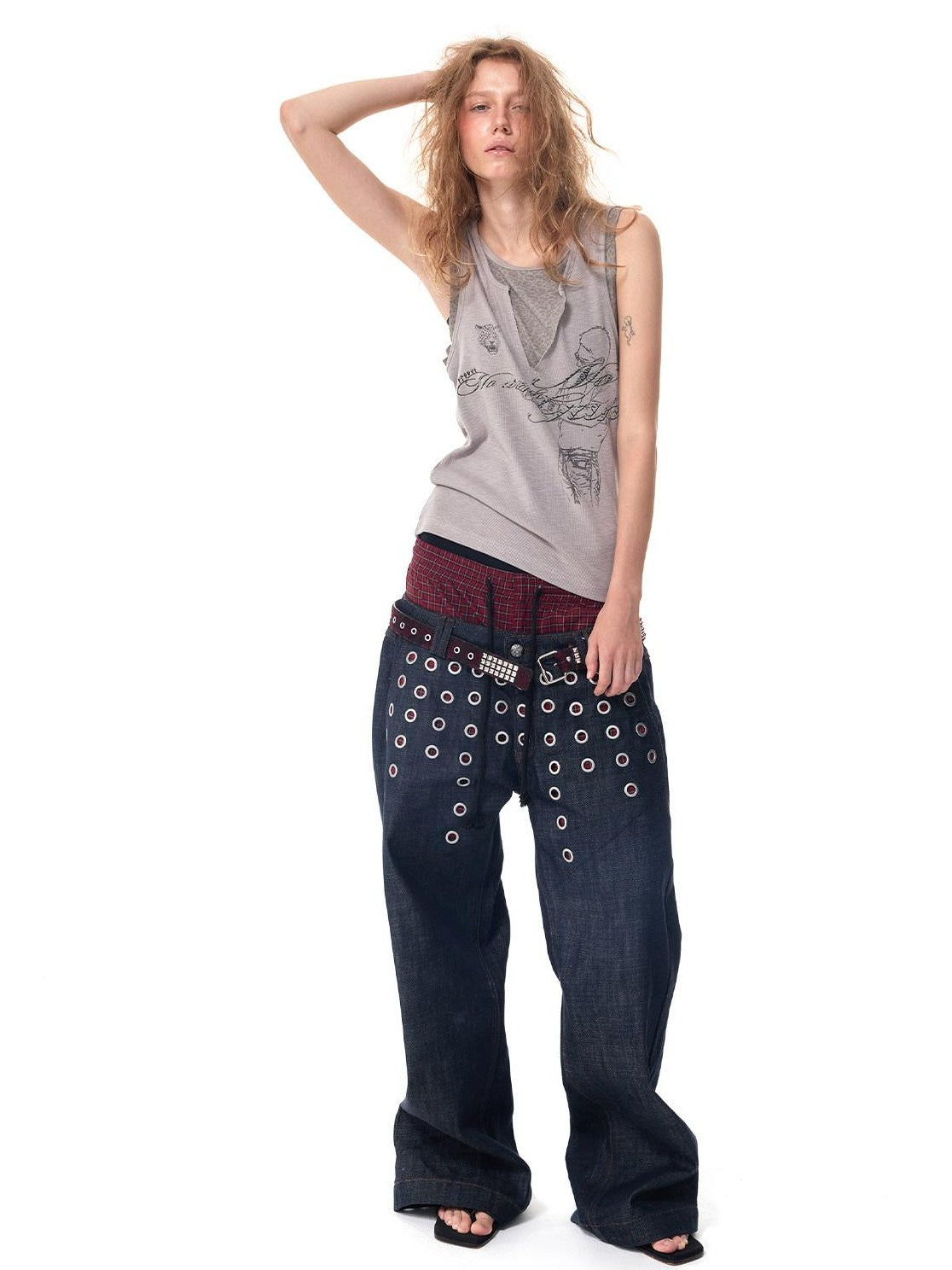 HAS2SONS Leopard Splice Letter Print Faux Two Piece Women's Cotton Blend Basic Tank Tops