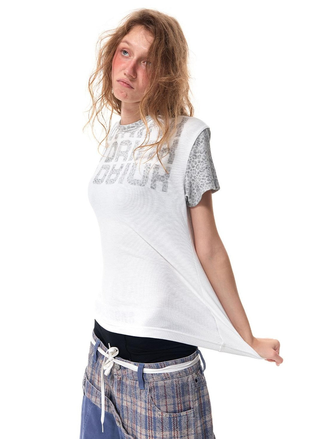 HAS2SONS Leopard Spliced Ribbed Slogan Women's Cotton Short Sleeve T-shirts